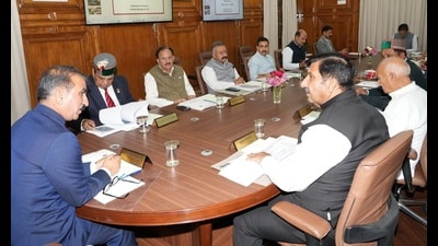 Himachal chief minister Sukhvinder Singh Sukhu with cabinet ministers during a meeting in Shimla on Monday. (HT Photo) Himachal chief minister Sukhvinder Singh Sukhu with cabinet ministers during a meeting in Shimla on Monday. (HT Photo)