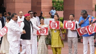 Samajwadi Party chief Akhilesh Yadav also joined his INDIA bloc partners in the protest against the Election Commission's exercise in Bihar. The opposition has argued that SIR is an attack on democracy. (PTI) Samajwadi Party chief Akhilesh Yadav also joined his INDIA bloc partners in the protest against the Election Commission's exercise in Bihar. The opposition has argued that SIR is an attack on democracy. (PTI)