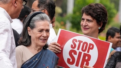 Amid their protest against the Election Commission's SIR exercise in Bihar, TMC leader Derek O'Brien was seen interacting with Congress leaders Sonia Gandhi, and Priyanka Gandhi Vadra. (PTI) Amid their protest against the Election Commission's SIR exercise in Bihar, TMC leader Derek O'Brien was seen interacting with Congress leaders Sonia Gandhi, and Priyanka Gandhi Vadra. (PTI)
