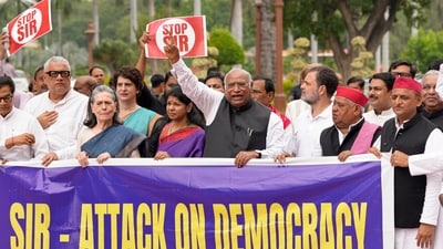 Amid the ongoing Monsoon Session in the Parliament, top INDIA bloc leaders, including Congress chief Mallikarjun Kharge, Rahul Gandhi, TMC's Derek O'Brien and DMK MP Kanimozhi along with other leaders staged a protest against the special intensive revision (SIR) of electoral rolls in Bihar. (PTI) Amid the ongoing Monsoon Session in the Parliament, top INDIA bloc leaders, including Congress chief Mallikarjun Kharge, Rahul Gandhi, TMC's Derek O'Brien and DMK MP Kanimozhi along with other leaders staged a protest against the special intensive revision (SIR) of electoral rolls in Bihar. (PTI)