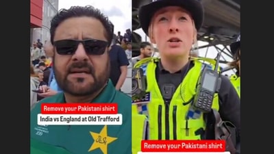 A fan wearing a Pakistan jersey at the India-England Test was asked to cover it up, sparking debate after the video of the incident went viral. (X/@CricketopiaCom) A fan wearing a Pakistan jersey at the India-England Test was asked to cover it up, sparking debate after the video of the incident went viral. (X/@CricketopiaCom)