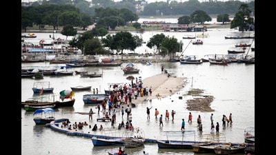 The water level of Ganga and Yamuna rising in Prayagraj, on Monday. (PTI) The water level of Ganga and Yamuna rising in Prayagraj, on Monday. (PTI)