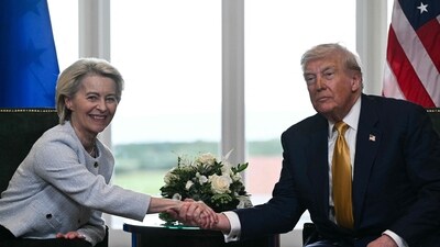 US President Donald Trump (R) shakes hands with European Commission President Ursula von der Leyen (L) following their meeting, in Turnberry south west Scotland on July 27, 2025. (AFP) US President Donald Trump (R) shakes hands with European Commission President Ursula von der Leyen (L) following their meeting, in Turnberry south west Scotland on July 27, 2025. (AFP)