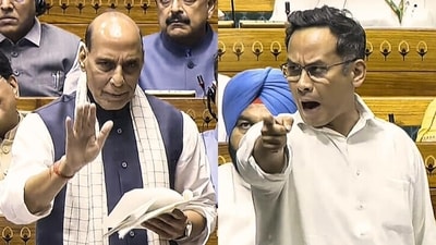 Defence minister Rajnath Singh and Congress leader Gaurav Gogoi in Lok Sabha during Parliament's monsoon session on Monday. (ANI) Defence minister Rajnath Singh and Congress leader Gaurav Gogoi in Lok Sabha during Parliament's monsoon session on Monday. (ANI)