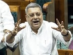 TMC MP Kalyan Banerjee speaks in Lok Sabha during the monsoon session in New Delhi on Monday.