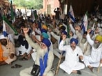 Farmers protesting against the land pooling policy in Amritsar. Such protests are being witnessed across the state. (Sameer Sehgal /HT)