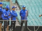 India's head coach Gautam Gambhir and support staff interact with a groundsman during a training session at the Oval ground, in London. (PTI)