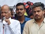 Mumbai, India – 09, July 2025: NCP (SP) President Sharad Pawar, NCP (SP) leader Naresh Lanke and NCP (SP) leader Rohit Pawar at Azad Maidan, urging the state cabinet to release pending financial aid for teachers , in Mumbai, India, on Wednesday, July 09, 2025. (Photo by Bhushan Koyande/HT Photo)