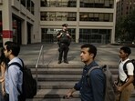 New York Police Department (NYPD) officers secure the scene of a shooting from Monday in New York, US, on Tuesday, July 29, 2025. 