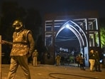 Police personnel outside Jamia Millia Islamia during the protests in 2019-20. (PTI)