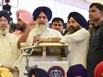 SAD president Sukhbir Singh Badal among other leaders during protest outside GMADA office in Mohali on Monday. (Ravi Kumar/HT) SAD president Sukhbir Singh Badal among other leaders during protest outside GMADA office in Mohali on Monday. (Ravi Kumar/HT)