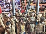Wrestlers at Bajrang Akhara in Narhi in Lucknow on the occasion of Nag Panchami on Tuesday. (Deepak Gupta/HT) Wrestlers at Bajrang Akhara in Narhi in Lucknow on the occasion of Nag Panchami on Tuesday. (Deepak Gupta/HT)