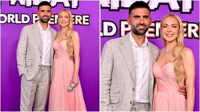 In another look, she posed with her husband Bader Shammas in a blush pink embellished gown featuring a sweetheart neckline. In another look, she posed with her husband Bader Shammas in a blush pink embellished gown featuring a sweetheart neckline. 