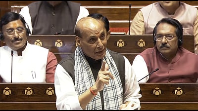Defence minister Rajnath Singh speaks during the discussion on Operation Sindoor in the Rajya Sabha. (ANI) Defence minister Rajnath Singh speaks during the discussion on Operation Sindoor in the Rajya Sabha. (ANI)