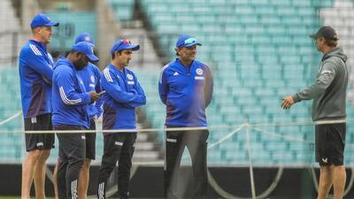 India's head coach Gautam Gambhir and support staff interact with a groundsman during a training session at the Oval ground, in London. (PTI) India's head coach Gautam Gambhir and support staff interact with a groundsman during a training session at the Oval ground, in London. (PTI)
