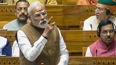 Prime Minister Narendra Modi speaks during a debate in the Lok Sabha on the Pahalgam terror attack and Operation Sindoor, at the Monsoon session of Parliament, in New Delhi. (Sansad TV) Prime Minister Narendra Modi speaks during a debate in the Lok Sabha on the Pahalgam terror attack and Operation Sindoor, at the Monsoon session of Parliament, in New Delhi. (Sansad TV)