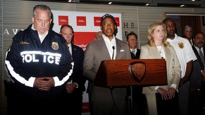 New York Mayor Eric Adams addresses members of the news media, flanked by NYPD Chief of Department John M. Chell and NYPD commissioner Jessica S. Tisch, at the NewYork-Presbyterian David H. Koch Center, after the reported shooter situation in the Manhattan borough of New York City, U.S. July 28, 2025. REUTERS/Bing Guan (REUTERS)