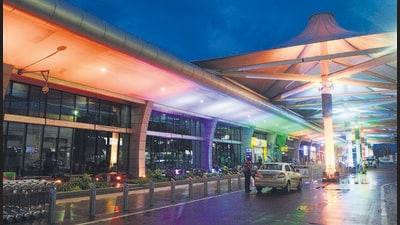 Pune, India - August 15, 2020: Pune airport illuminated with saffron, white and green lights on the occasion of Independence Day in Pune, India, on Saturday, August 15, 2020. (Photo by Shankar Narayan/HT PHOTO) Pune, India - August 15, 2020: Pune airport illuminated with saffron, white and green lights on the occasion of Independence Day in Pune, India, on Saturday, August 15, 2020. (Photo by Shankar Narayan/HT PHOTO)