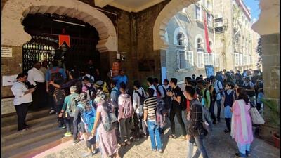 Pune, India - Feb. 21, 2023: Students out side exam center during Maharashtra State Board of Higher Secondary Exam started at SP College in Pune, India, on Tuesday, February 21, 2023. (Photo by Rahul Raut/HT PHOTO)