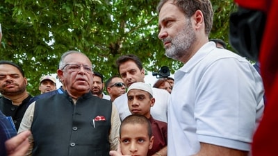 Rahul Gandhi with children and families affected by cross-border shelling by Pakistan during Operation Sindoor. (Congress) Rahul Gandhi with children and families affected by cross-border shelling by Pakistan during Operation Sindoor. (Congress)