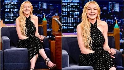 Lindsay appeared on The Tonight Show Starring Jimmy Fallon in a sleek black halter dress with a bust cutout and shimmering dot details, keeping the look minimal yet striking. Lindsay appeared on The Tonight Show Starring Jimmy Fallon in a sleek black halter dress with a bust cutout and shimmering dot details, keeping the look minimal yet striking.