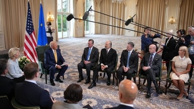 President Trump announces a trade deal with the EU at a Trump golf club in Scotland.