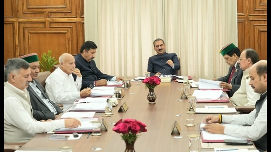 Himachal chief minister Sukhvinder Singh Sukhu during a meeting with cabinet ministers in Shimla on Tuesday. (HT Photo)