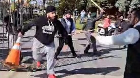 Pro-Khalistan radicals attacking the Hindu Sabha Mandir in Brampton, Greater Toronto Area, Canada on Sunday afternoon. (Credit: Video screengrab)