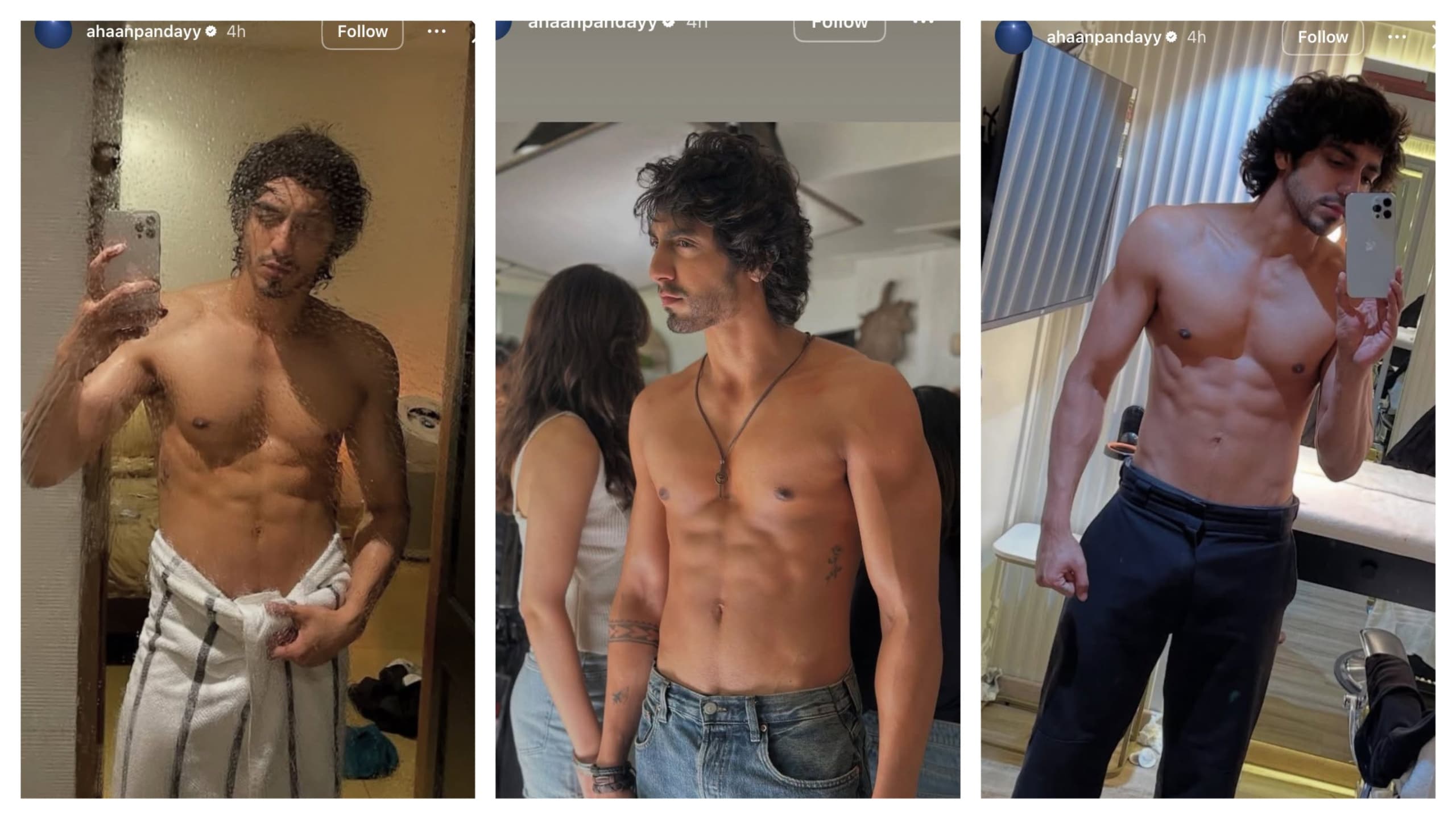 A collage of screeshots from Ahaan Panday's Instagram stories. A collage of screeshots from Ahaan Panday's Instagram stories.