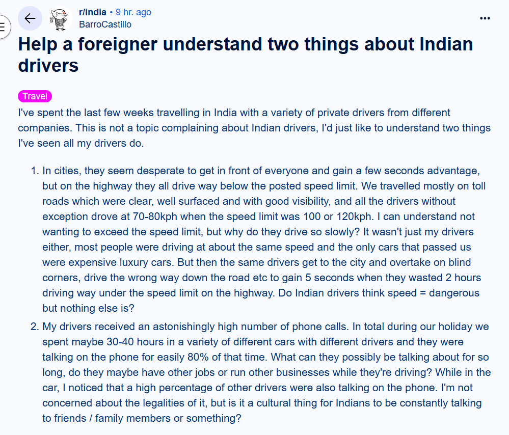 A Reddit post captured a foreign traveller’s curiosity about Indian driving. (@BarroCastillo/Reddit) A Reddit post captured a foreign traveller’s curiosity about Indian driving. (@BarroCastillo/Reddit)