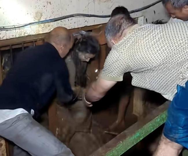 A woman being rescued from her house that was filled with debris after a flash flood on Jail Road in Mandi on Tuesday. (HT Photo) A woman being rescued from her house that was filled with debris after a flash flood on Jail Road in Mandi on Tuesday. (HT Photo)