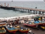 General view of the Caleta Portales artisanal fishing pier during a tsunami warning in Valparaiso, Chile, on July 30.