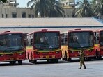 Mumbai, India. Feb 25, 2025: Contract BEST Bus drivers and conductors staged a flash strike at the Wadala depot on Tuesday morning, Mumbai, India, February 25, 2025. (Photo by Raju Shinde/HT Photo) (Hindustan Times) Mumbai, India. Feb 25, 2025: Contract BEST Bus drivers and conductors staged a flash strike at the Wadala depot on Tuesday morning, Mumbai, India, February 25, 2025. (Photo by Raju Shinde/HT Photo) (Hindustan Times)