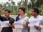 Priyanka Gandhi and other Congress MPs staged a protest near the Makar Dwar of the Parliament. 