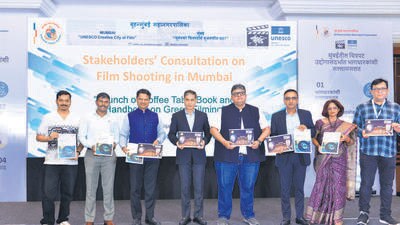 A coffee table book on Mumbai’s cinematic legacy and a green filming handbook was launched at the symposium. (Photo by BMC) A coffee table book on Mumbai’s cinematic legacy and a green filming handbook was launched at the symposium. (Photo by BMC)