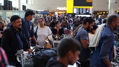 Passengers wait at Heathrow Airport, after radar failure led to the suspension of outbound flights across the UK, in Hounslow, London, Britain, July 30, 2025. (REUTERS)