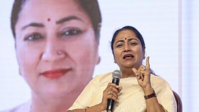Delhi Chief Minister Rekha Gupta during the ‘Global Outreach Summit 2025’, at the Bharat Mandapam, in New Delhi on Wednesday. (PTI)