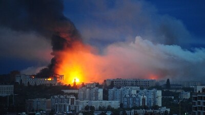 FILE - Fire and smoke rise from the site where a Russian missile struck a residential area in Kharkiv, Ukraine, Saturday, June 7, 2025 (AP) FILE - Fire and smoke rise from the site where a Russian missile struck a residential area in Kharkiv, Ukraine, Saturday, June 7, 2025 (AP)