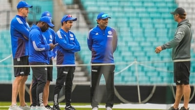 London: India's head coach Gautam Gambhir and support staff interact with a groundsman during a training session (PTI) London: India's head coach Gautam Gambhir and support staff interact with a groundsman during a training session (PTI)