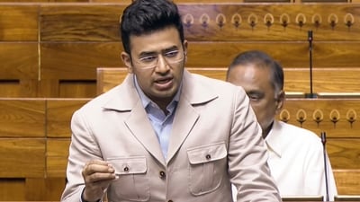 BJP MP Tejasvi Surya speaks in the Lok Sabha during the Monsoon session of Parliament. (Sansad TV) BJP MP Tejasvi Surya speaks in the Lok Sabha during the Monsoon session of Parliament. (Sansad TV)