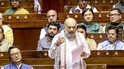 Union Home Minister Amit Shah speaks during a debate in the Rajya Sabha on the Pahalgam terror attack and Operation Sindoor, at the Monsoon session of Parliament. (Sansad TV)