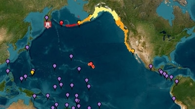 Tsunami warnings (red), advisories (yellow), and threats (purple) issued by the National Oceanic and Atmospheric Administration's (NOAA) Tsunami Warning System, across parts of the Pacific including Japan, Hawaii, Russia and Ecuador, and the California coast after a massive quake of 8.7 magnitude hit Russia's far east on July 30, 2025. (AFP) Tsunami warnings (red), advisories (yellow), and threats (purple) issued by the National Oceanic and Atmospheric Administration's (NOAA) Tsunami Warning System, across parts of the Pacific including Japan, Hawaii, Russia and Ecuador, and the California coast after a massive quake of 8.7 magnitude hit Russia's far east on July 30, 2025. (AFP)