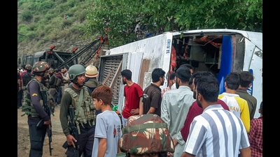 Rescue operation underway following a bus accident at Handwara in Kupwara on Wednesday. (ANI) Rescue operation underway following a bus accident at Handwara in Kupwara on Wednesday. (ANI)