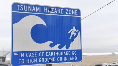 A tsunami hazard zone sign near a beach in California.