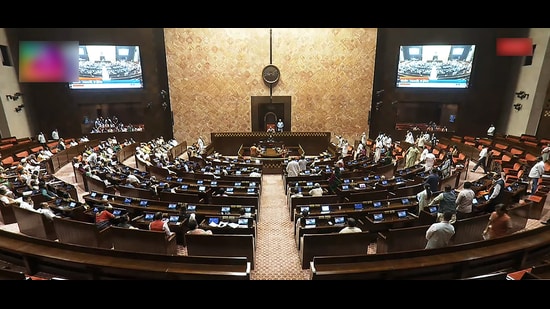 Opposition MPs protest in Rajya Sabha during the Monsoon Session of Parliament, in New Delhi on Wednesday. (ANI PHOTO)