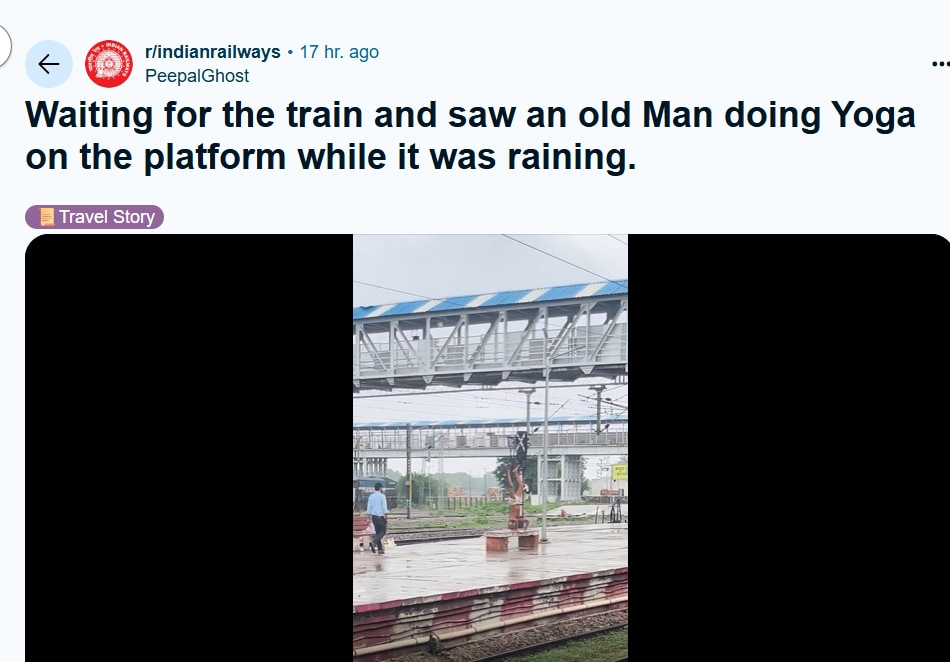 An elderly man was seen doing yoga on a rainy platform. (@PeepalGhost/Reddit) An elderly man was seen doing yoga on a rainy platform. (@PeepalGhost/Reddit)