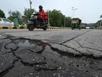 Damage on Ranjit Singh Flyover on Thursday. (Sanchit Khanna/ HT Photo)