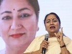 Delhi Chief Minister Rekha Gupta during the ‘Global Outreach Summit 2025’, at the Bharat Mandapam, in New Delhi on Wednesday. (PTI)