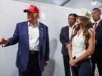 Donald Trump, Florida Governor Ron DeSantis and U.S. Homeland Security Secretary Kristi Noem visit a medical tent 