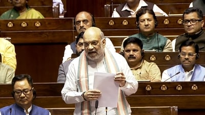 Union Home Minister Amit Shah continued his attack against the Congress and UPA government during his address in the Rajya Sabha on Wednesday. (Sansad TV) Union Home Minister Amit Shah continued his attack against the Congress and UPA government during his address in the Rajya Sabha on Wednesday. (Sansad TV)